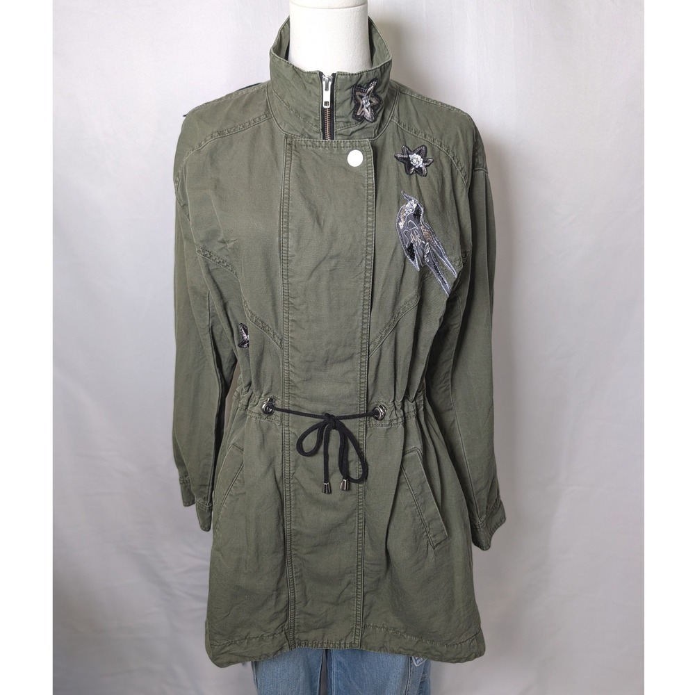 Cabi Military Style Bird Star Sequin Womens Large Army Green Linen Anorak Jacket
